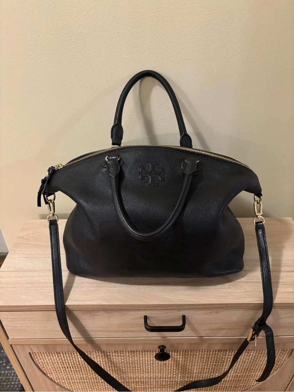 Tory Burch Black Pebbled Leather Shoulder Satchel with Gold Hardware